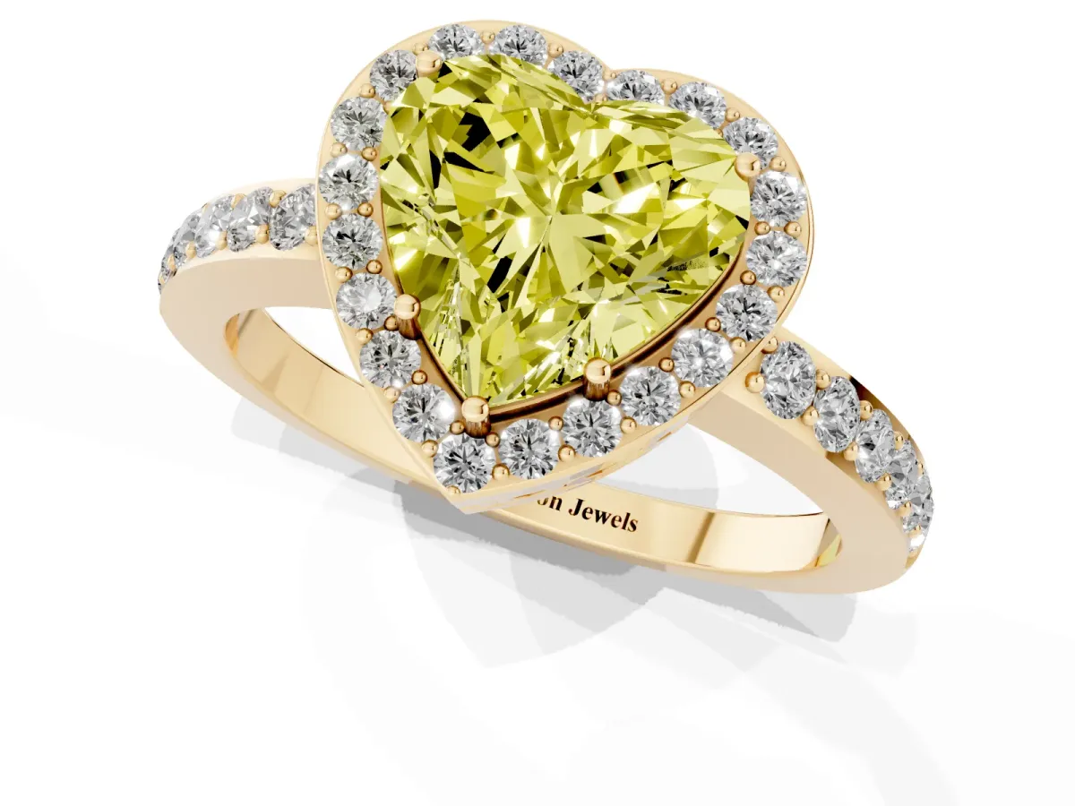 Fancy Yellow Heart Cut Halo Diamond Pavé Band Ring with Prong Setting Yellow gold