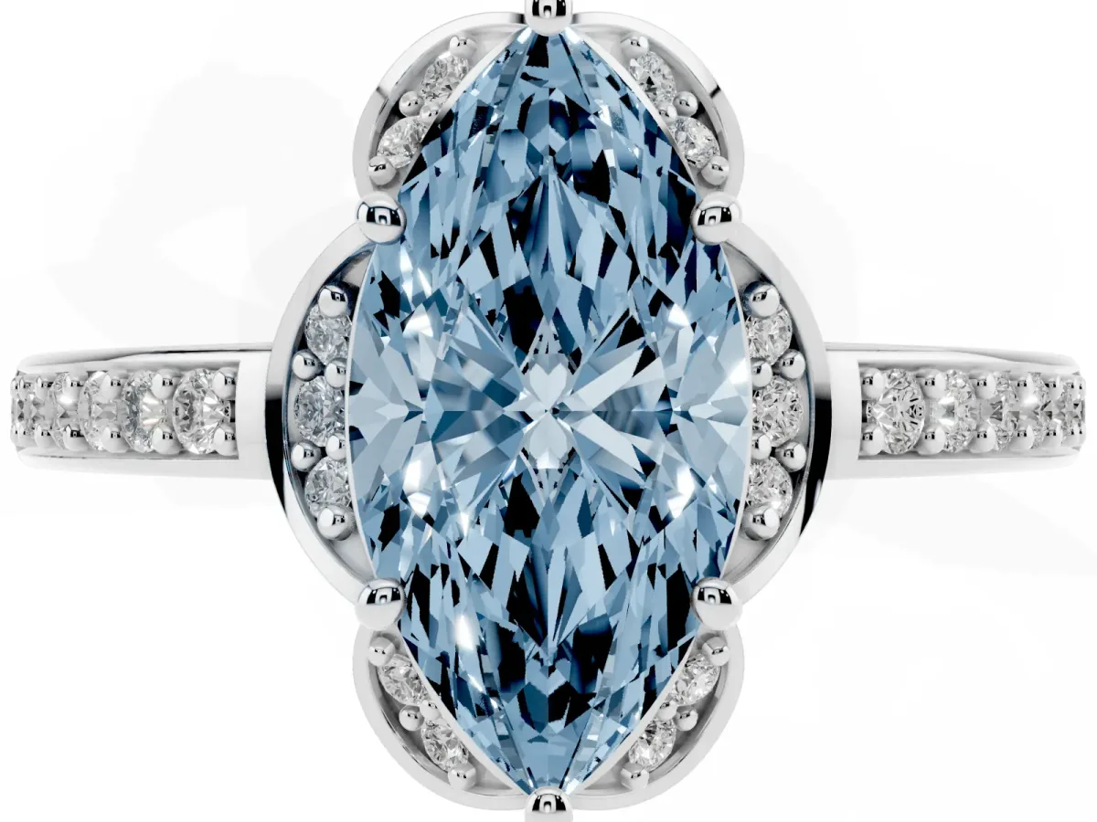 Fancy Blue Marquise Cut Cut Halo Diamond Ring with Channel Set Band and Four-Prong Setting White gold