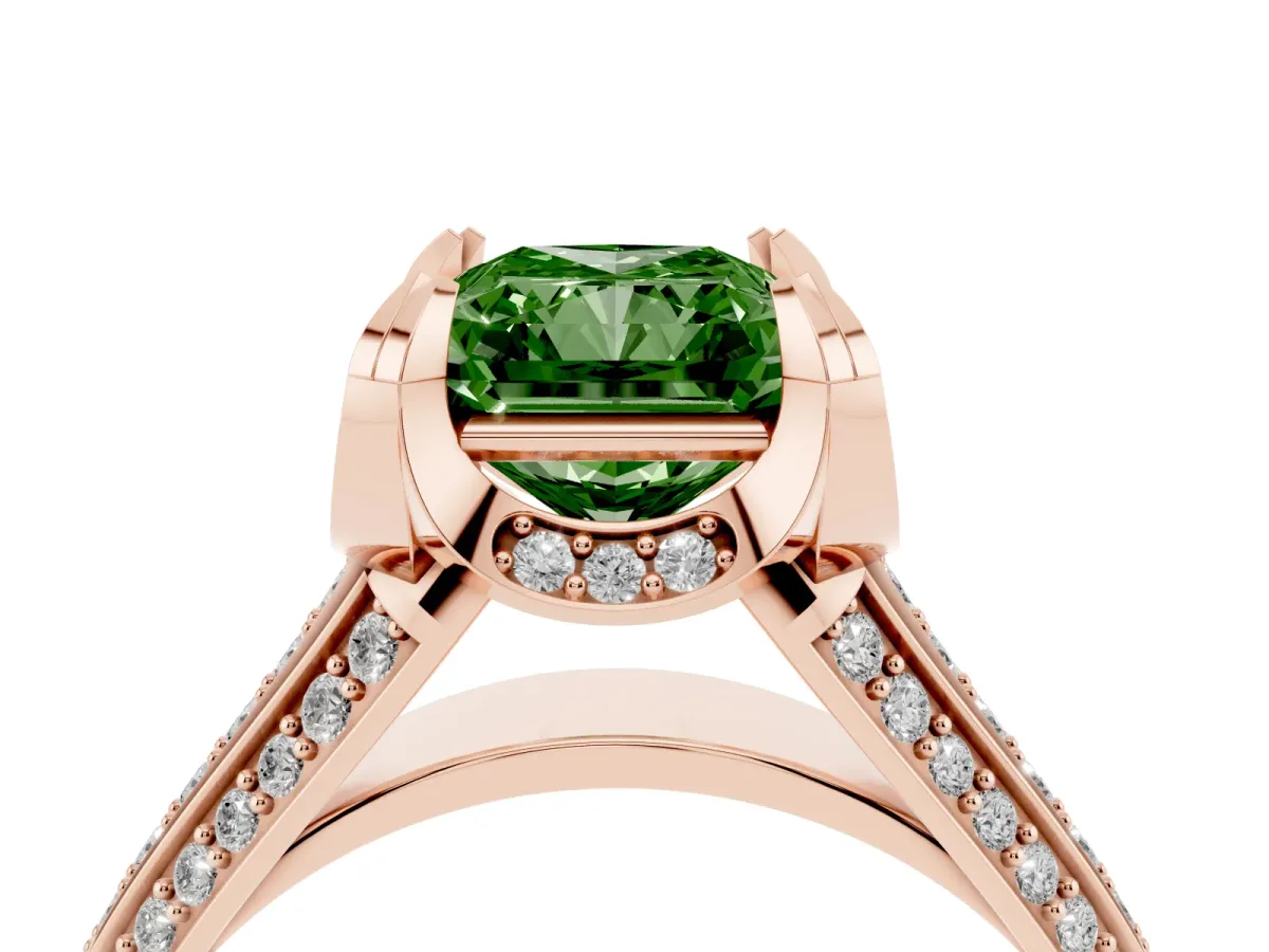 Fancy Green Radiant Cut Solitaire Pave Split Shank Ring with Four-Prong Setting Rose gold