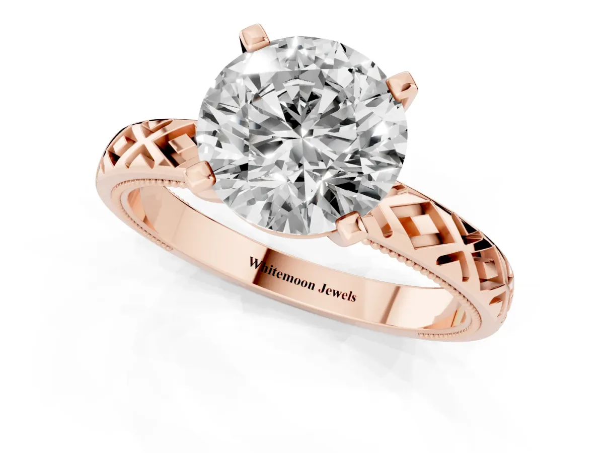 Round Cut Solitaire Diamond Ring with Milgrain and Black Enamel X Pattern Band Rose gold