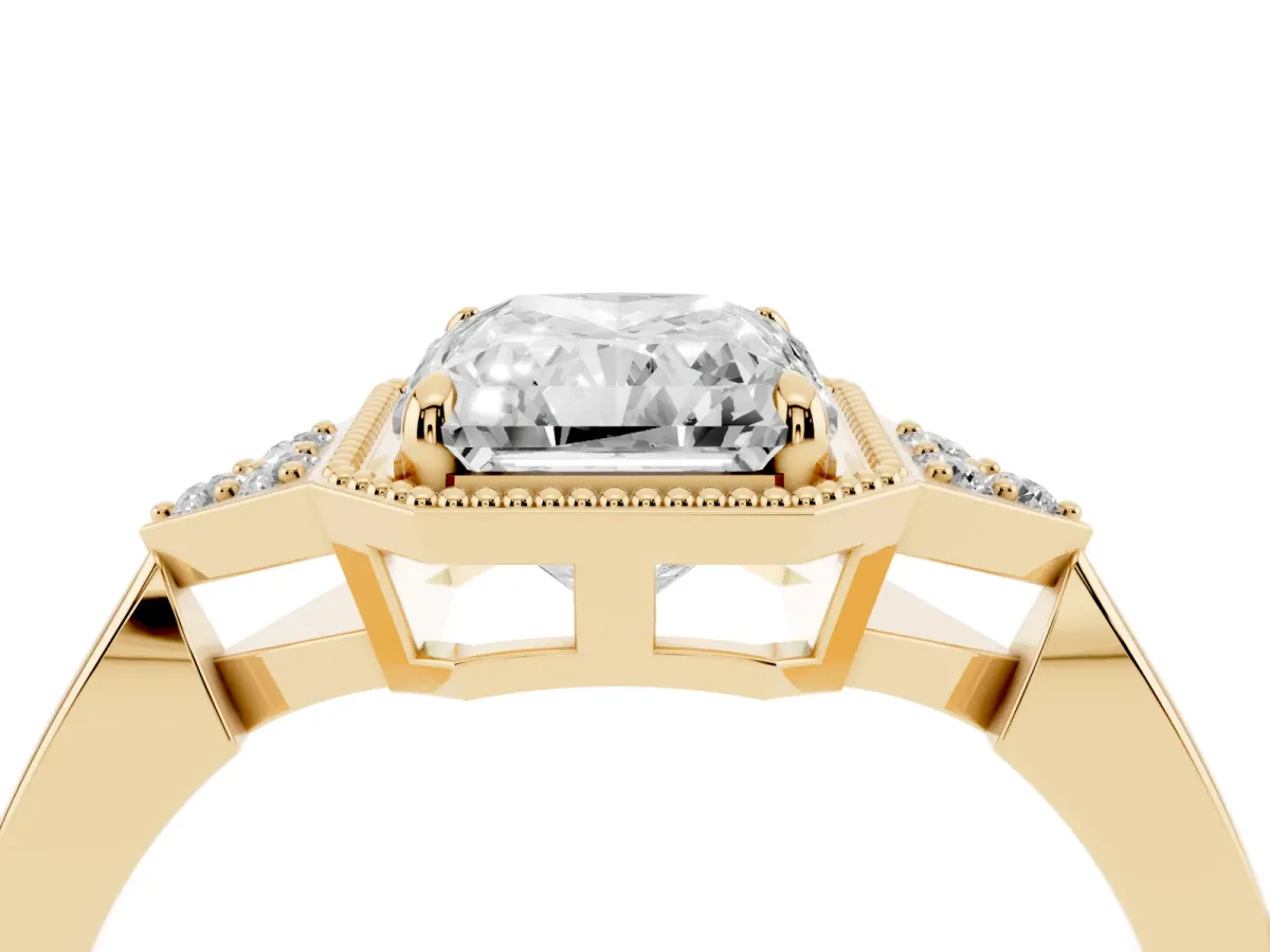Hexagonal Halo Radiant Cut Diamond Solitaire with Pavé Band and Four-Prong Setting Yellow gold