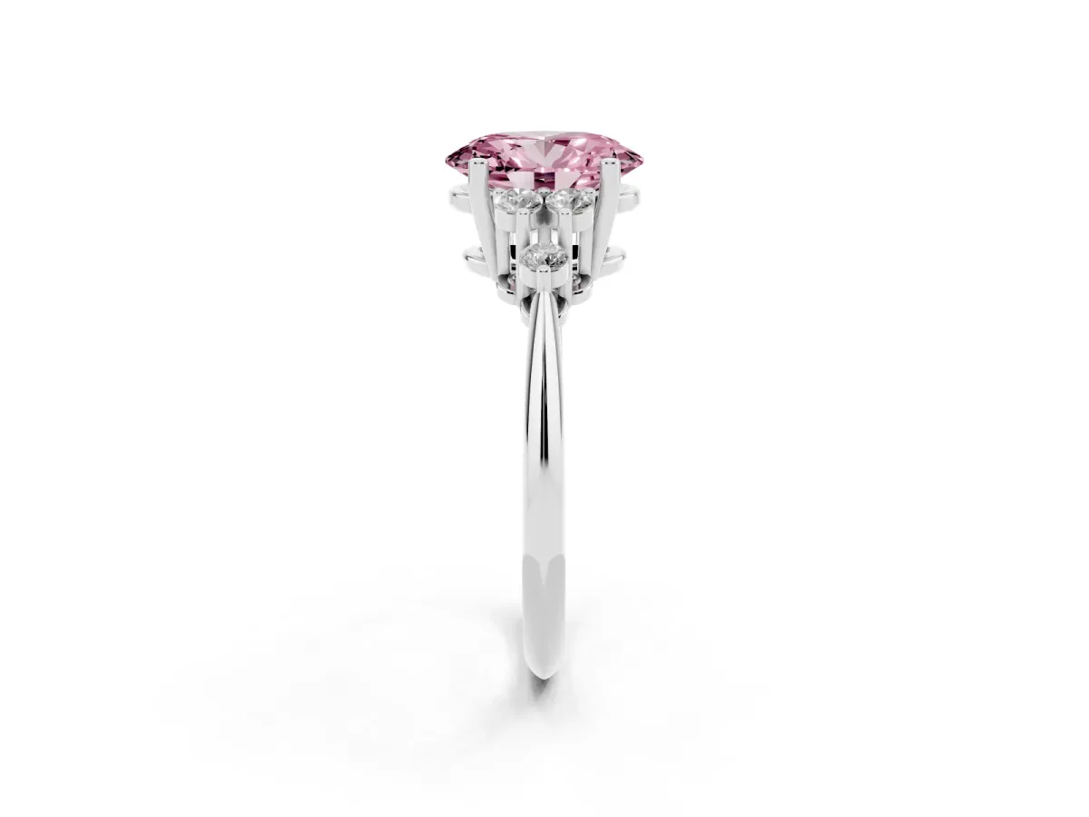 Fancy Pink Oval Cut Cut Diamond Cluster Ring with Solitaire Band and Four-Prong Setting Silver