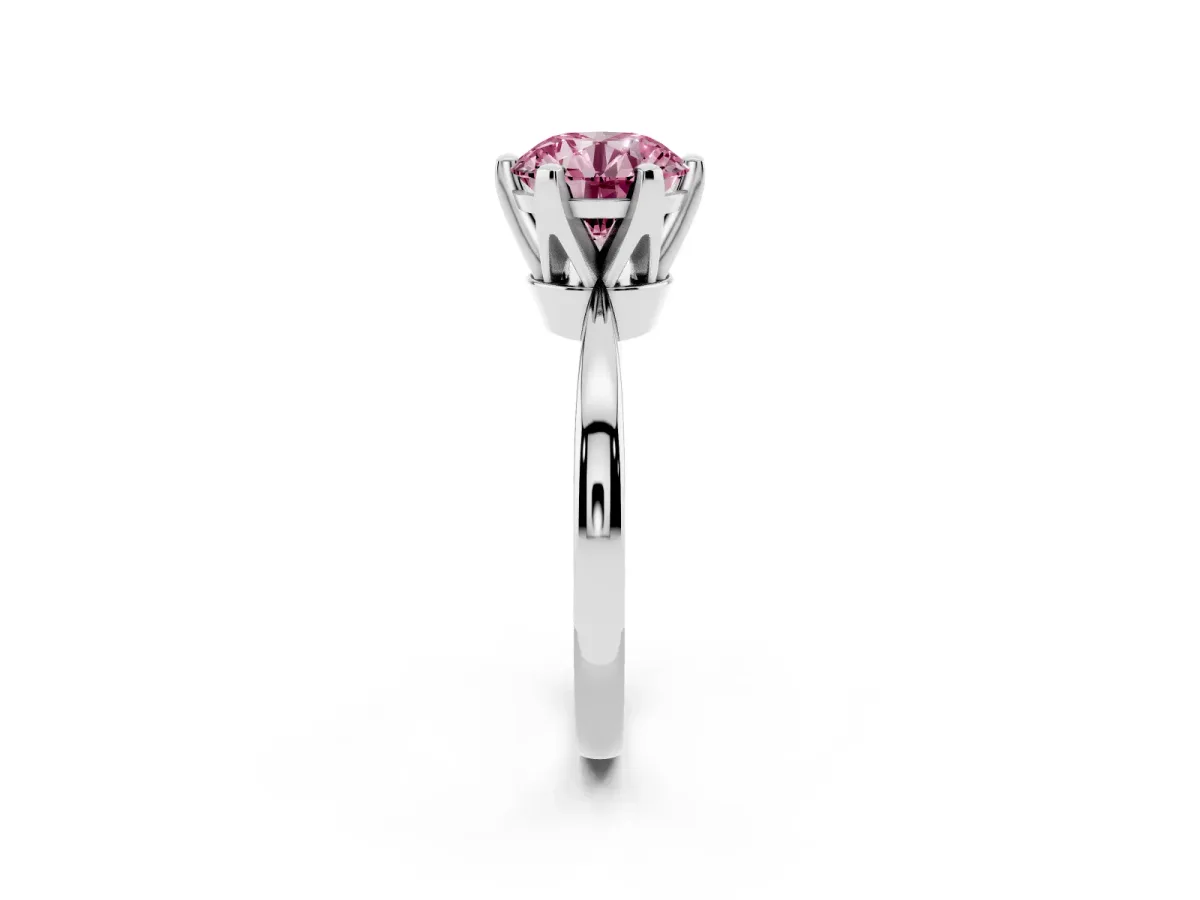 Fancy Pink Round Cut Solitaire Engagement Ring with Six-Prong Setting and Tapered Band Platinum