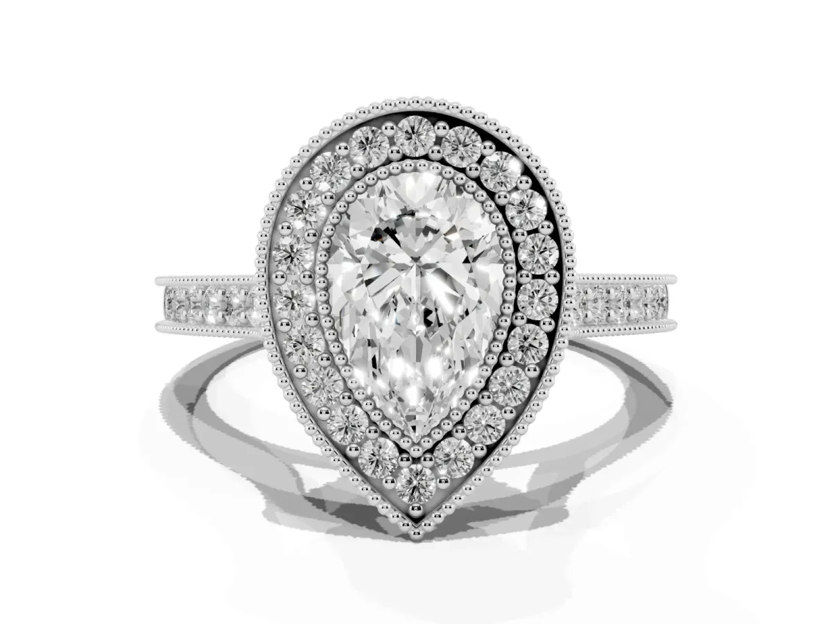 Halo Pear Cut-Cut Diamond Pave Band Milgrain Prong Setting Ring Silver