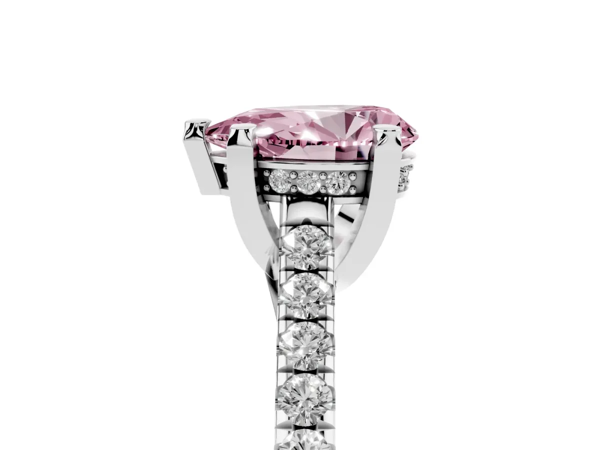 Fancy Pink Pear Cut Brilliant Diamond Solitaire with Pavé Band and Four-Prong Setting Silver
