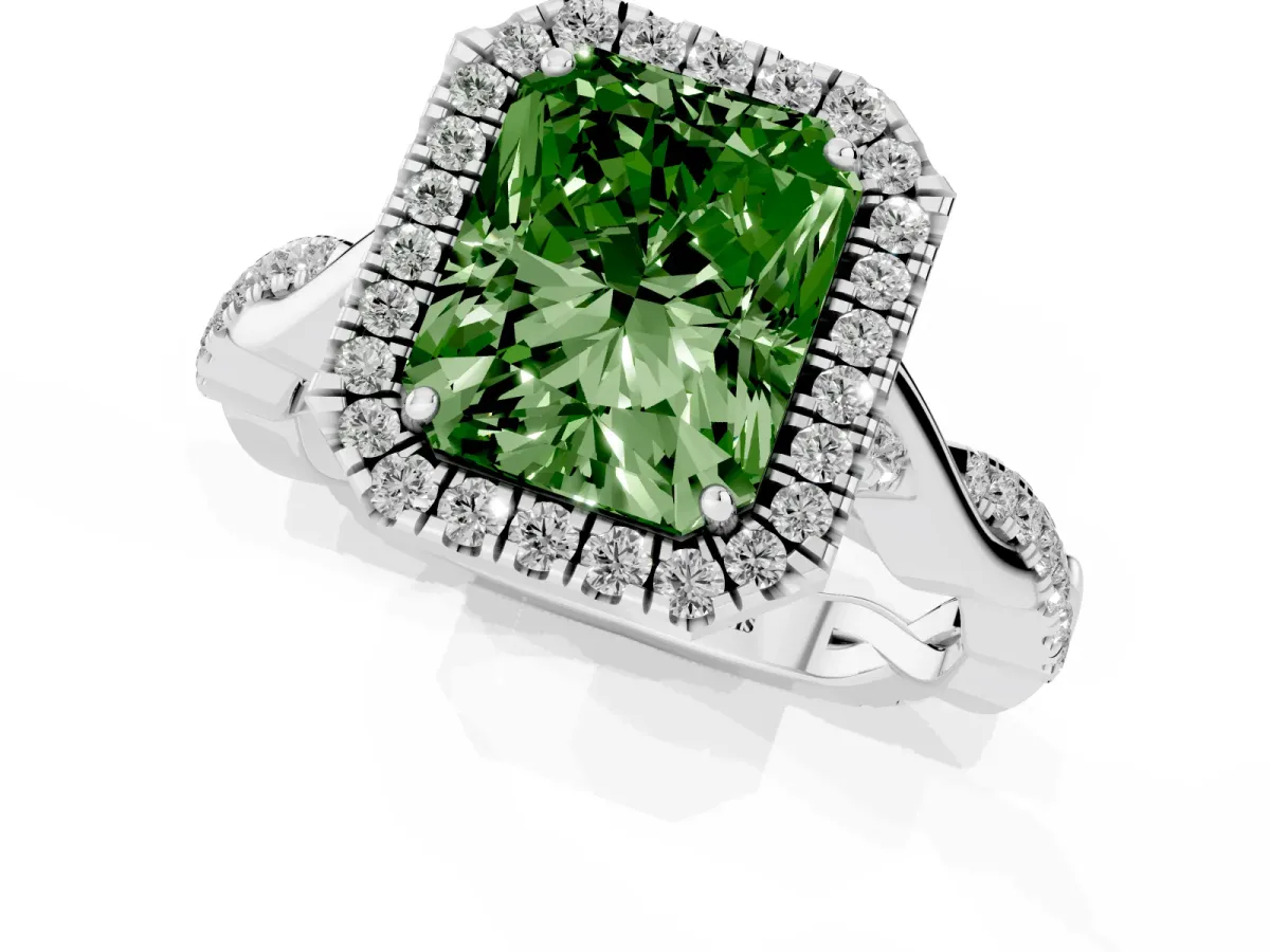 Fancy Green Radiant Cut Halo Twist Band Solitaire Ring Silver