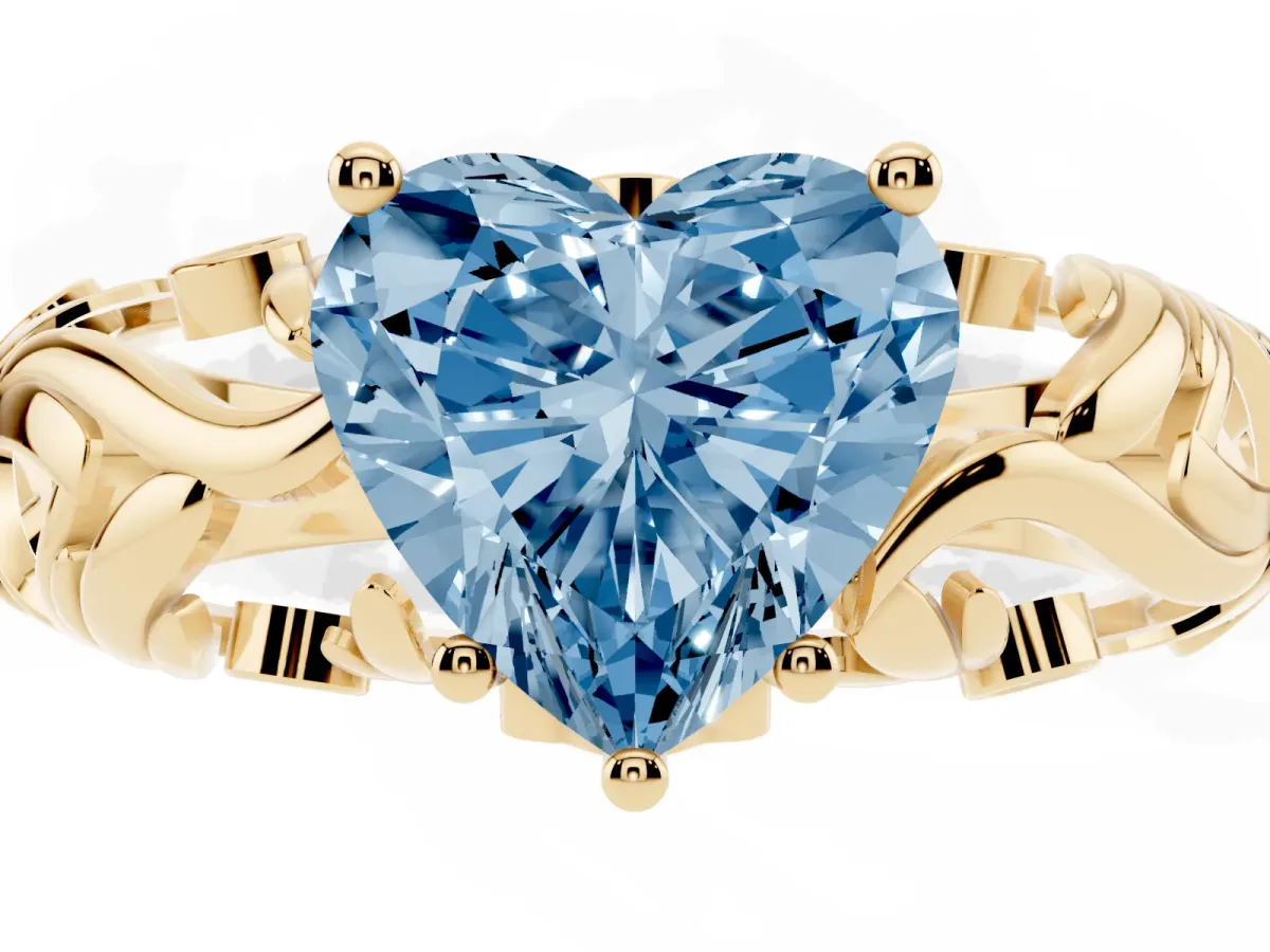 Fancy Blue Heart Cut Solitaire Diamond Leaf-Inspired Vine Band Ring with Prong Setting Yellow gold