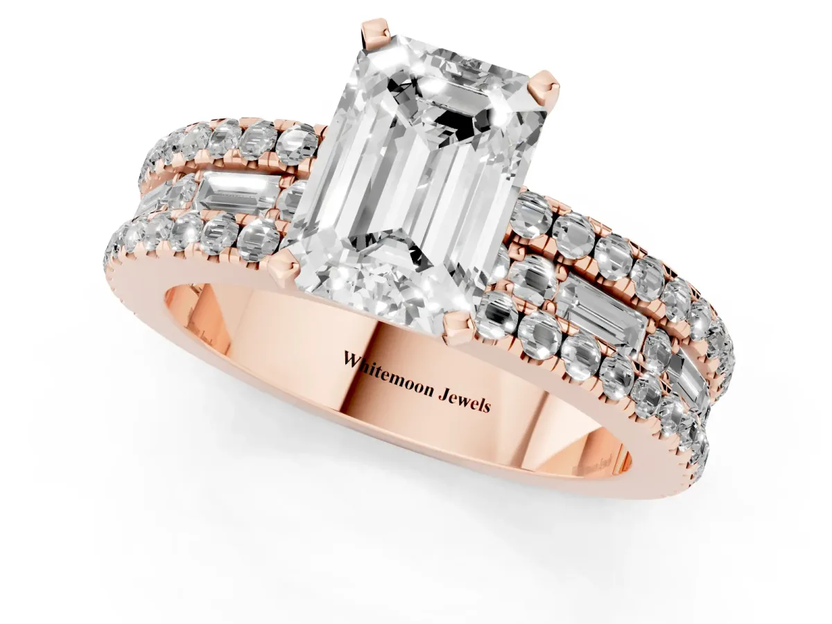 Emerald Cut Diamond Solitaire Ring with Pavé and Channel Set Band Rose gold