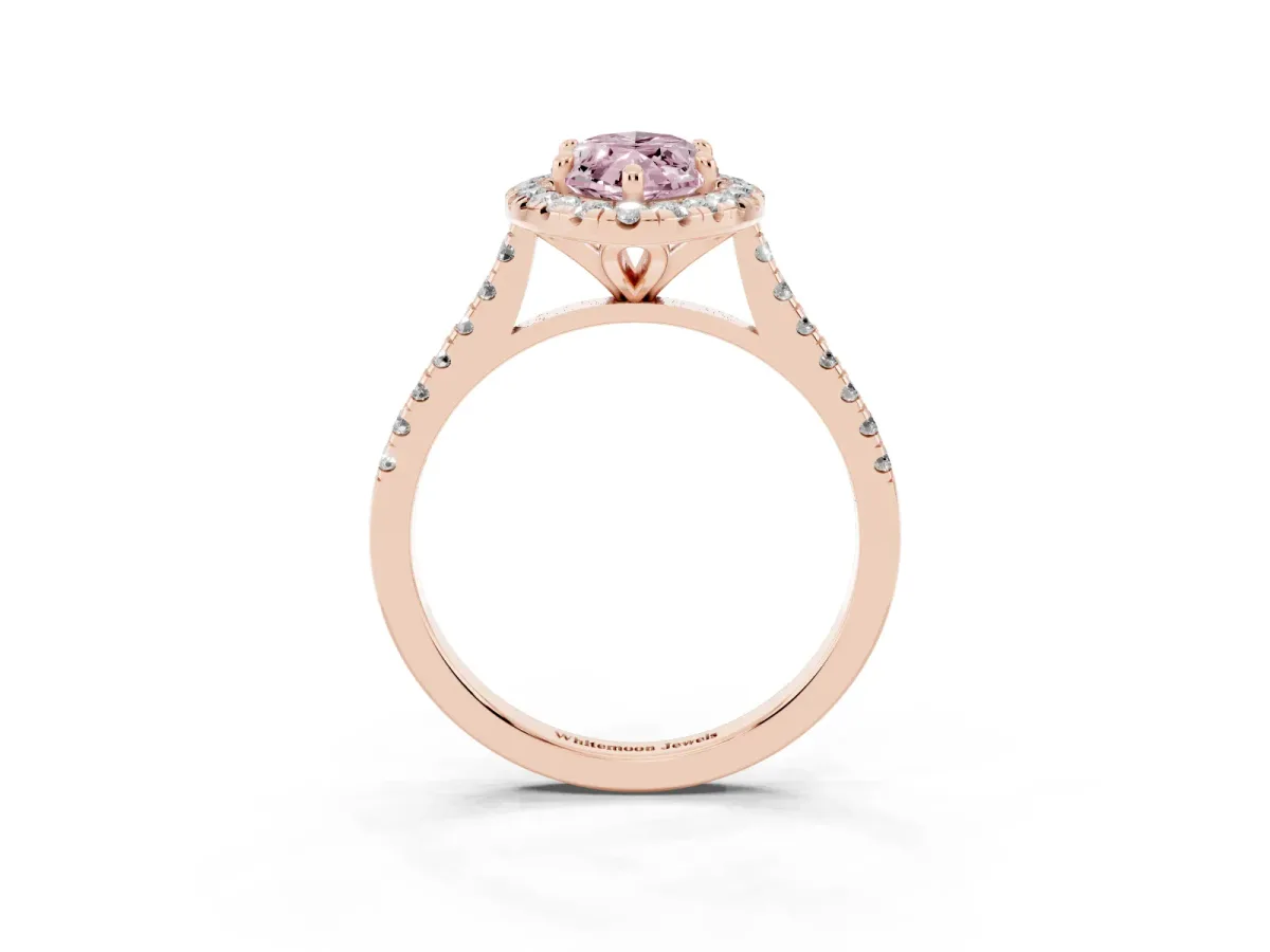 Fancy Pink Marquise Cut Diamond Cushion Halo Ring with Pavé Band Rose gold