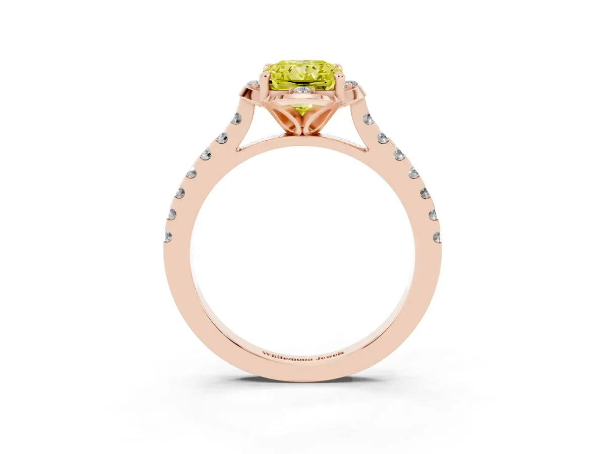 Fancy Yellow Radiant Cut Diamond Ring with Pavé Band and Floral Prong Setting Rose gold