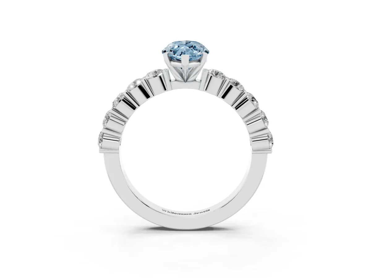 Fancy Blue Marquise Cut Diamond Solitaire Ring with Shared Prong Round Side Stones Platinum