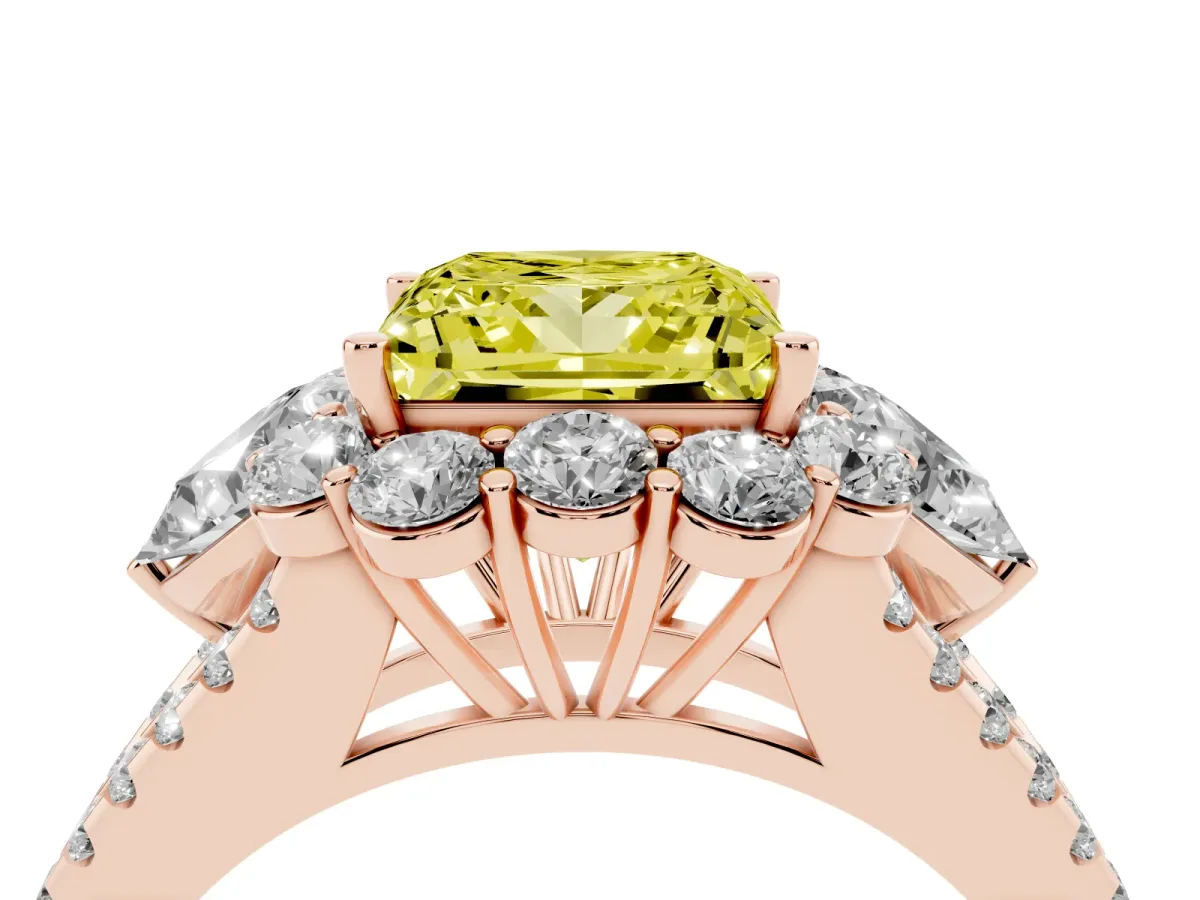 Fancy Yellow Princess Cut Halo Split Shank Diamond Engagement Ring with Prong Setting Rose gold