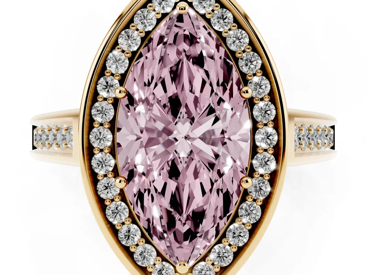 Fancy Pink Marquise Cut Halo Solitaire Diamond Ring with Pave Band and Bezel Setting Yellow gold