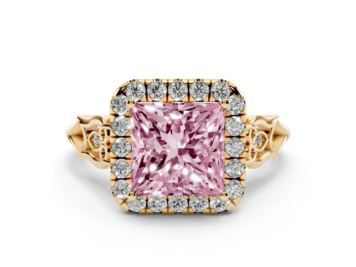 Fancy Pink Princess Cut Halo Diamond Engagement Ring with Filigree Band and Four-Prong Setting Yellow gold