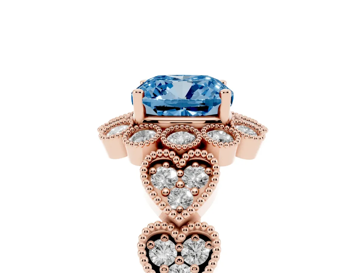 Fancy Blue Cushion Cut Brilliant Milgrain Pave Heart Band Solitaire Ring Rose gold