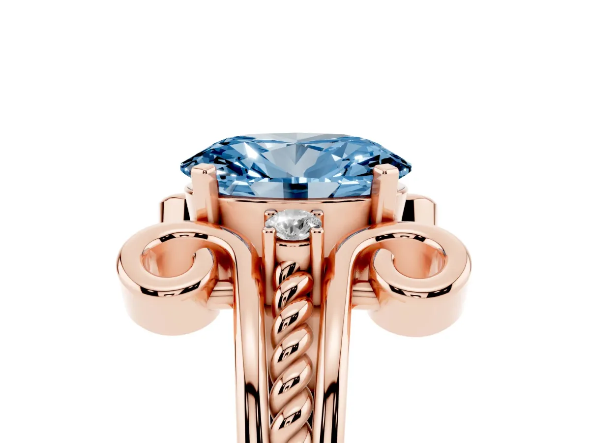 Fancy Blue Oval Cut Solitaire Twisted Band Scroll Prong Ring Rose gold