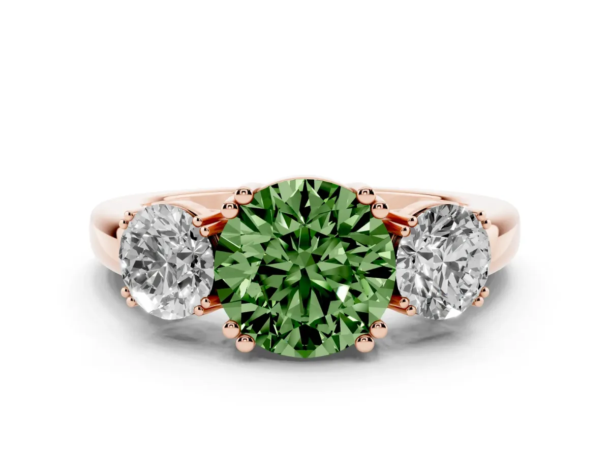 Fancy Green Three-Stone Round Cut Cut Diamond Ring with Channel Set Band and Four-Prong Setting Rose gold