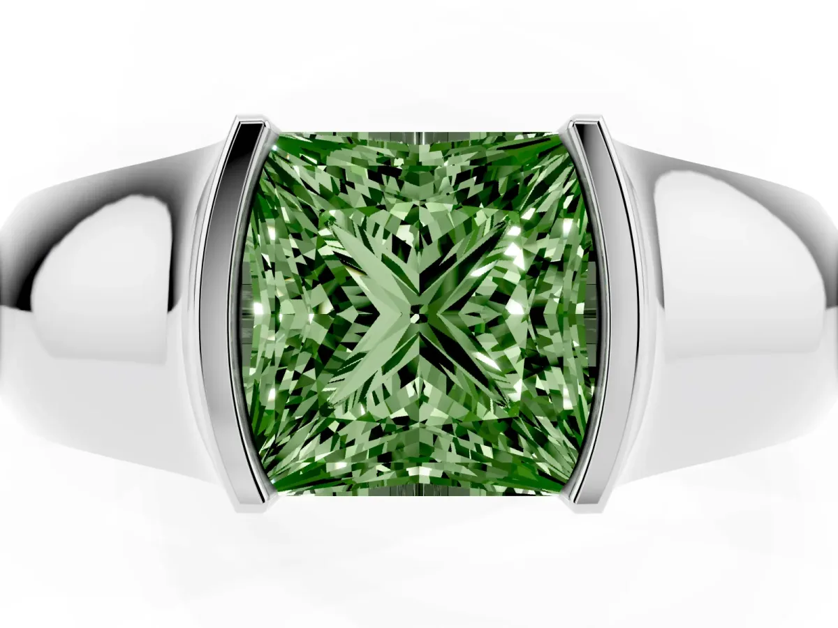 Fancy Green Princess Cut Solitaire Bezel Set Diamond Ring with Wide Band Silver
