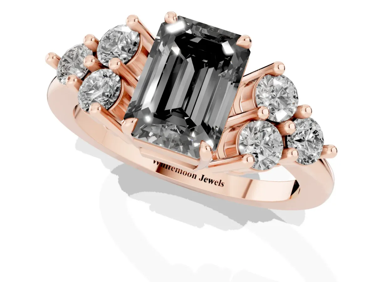 Fancy Black Emerald Cut Brilliant Diamond Cluster Accent Solitaire Ring with Prong Setting Rose gold