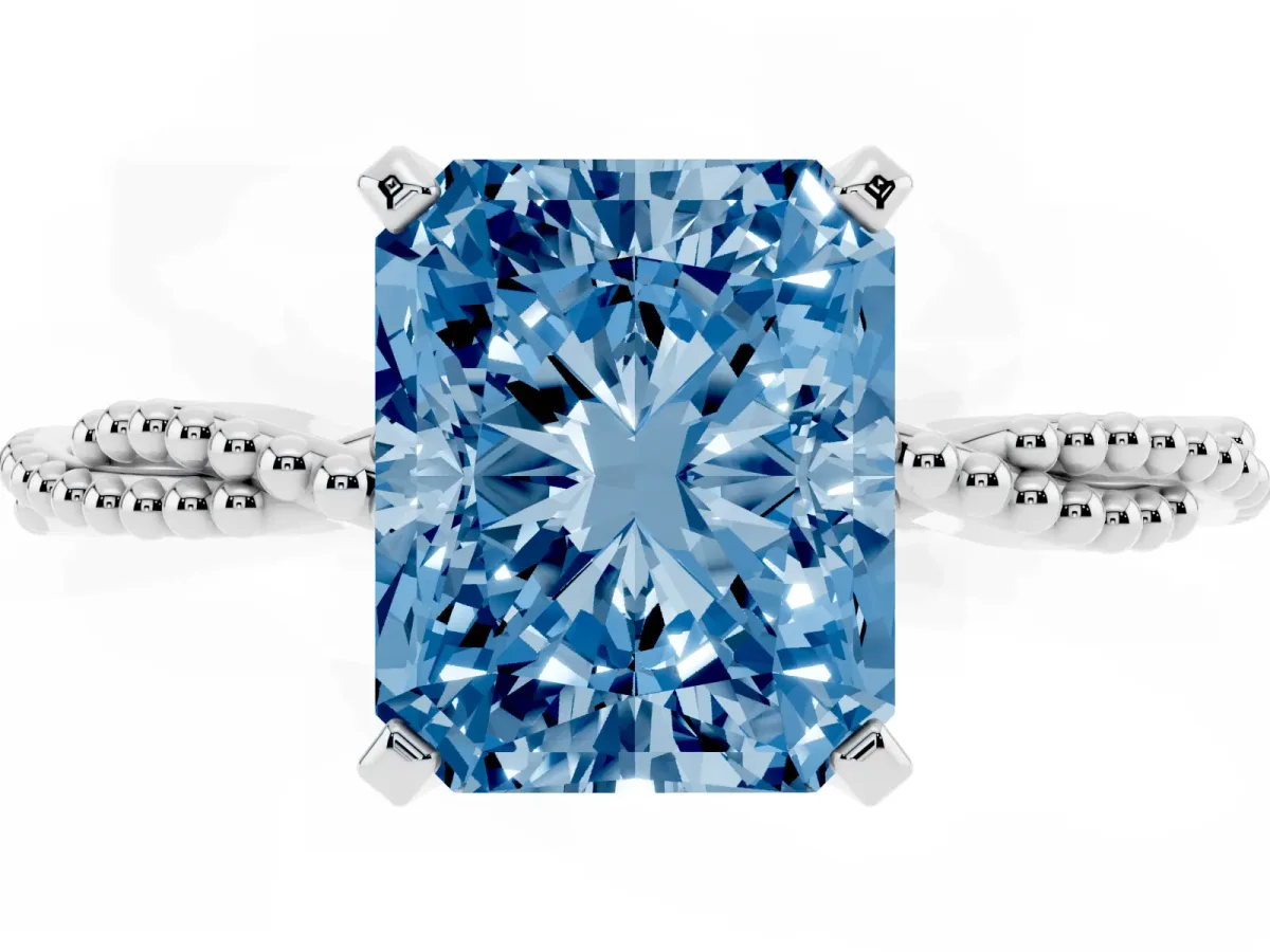 Fancy Blue Radiant Cut Solitaire Twisted Band with Bead Prong Setting Platinum