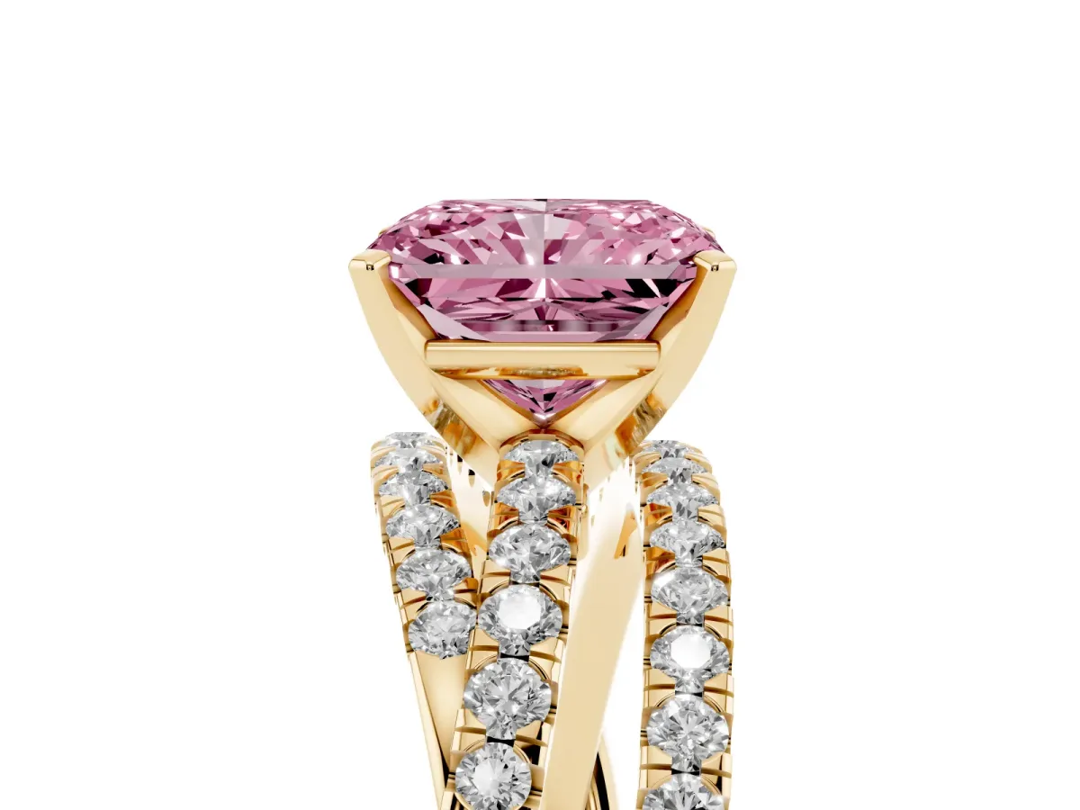 Fancy Pink Radiant Cut Solitaire Twist Band with Pavé Setting and Four-Prong Setting Yellow gold