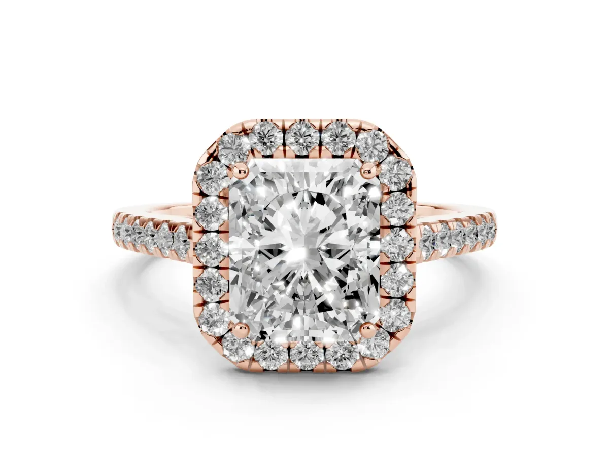 Radiant Cut Halo Pave Diamond Engagement Ring with Four-Prong Setting Rose gold