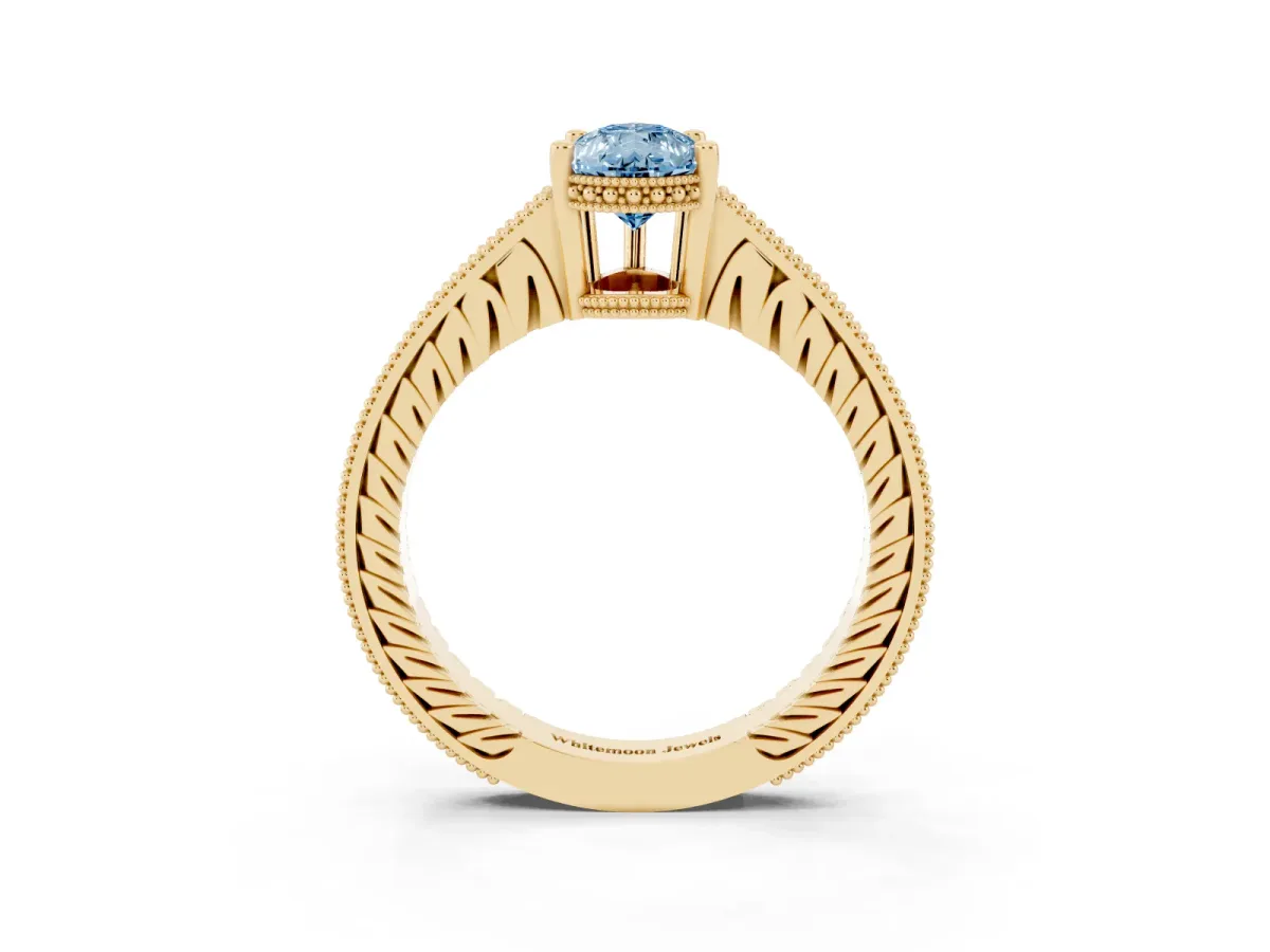 Fancy Blue Pear Cut Solitaire Pavé Diamond Milgrain Engagement Ring with Four-Prong Setting Yellow gold