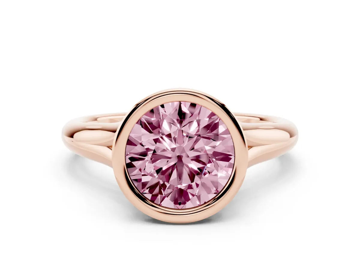 Fancy Pink Bezel Set Round Cut Solitaire Diamond Ring with Smooth Band Rose gold