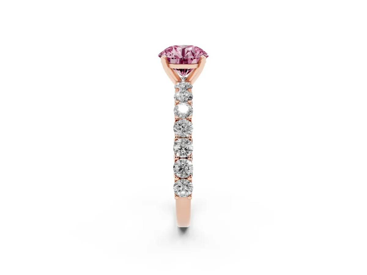 Fancy Pink Round Cut Diamond Solitaire Ring with Shared Prong Pavé Band and Four-Prong Setting Rose gold