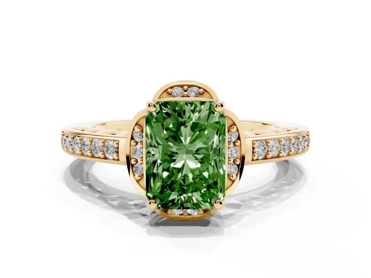 Fancy Green Radiant Cut Cut Halo Diamond Ring with Channel Set Band and Four-Prong Setting Yellow gold