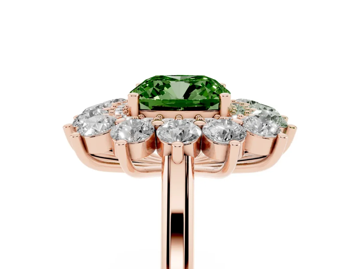 Fancy Green Cushion Cut Diamond Floral Double Halo Engagement Ring with Prong Setting Rose gold