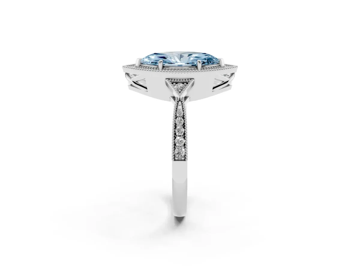 Fancy Blue Marquise Cut Halo Round Diamond Milgrain Pave Engagement Ring Silver
