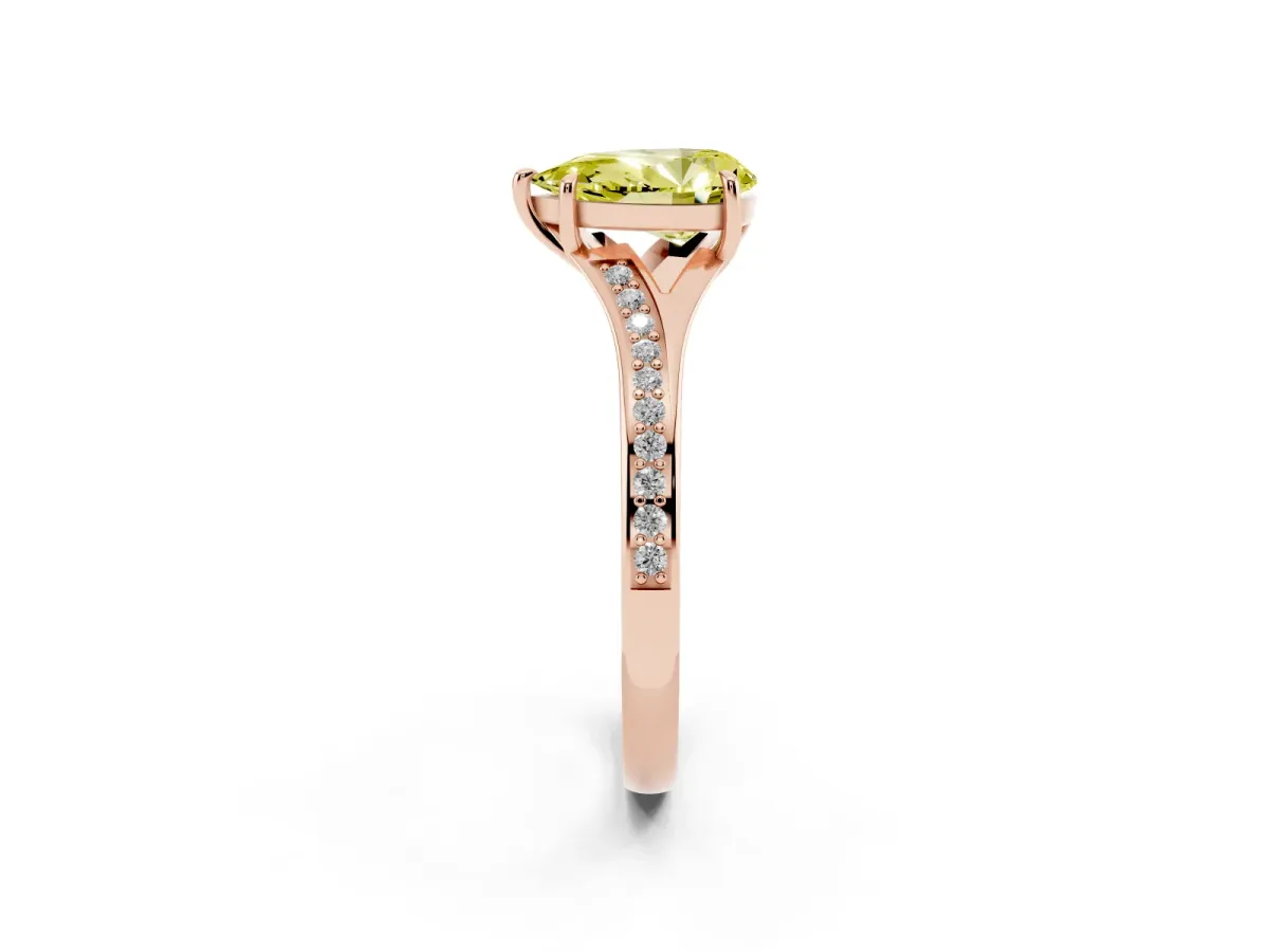 Fancy Yellow Pear Cut Diamond Solitaire Ring with Pavé Band and Prong Setting Rose gold