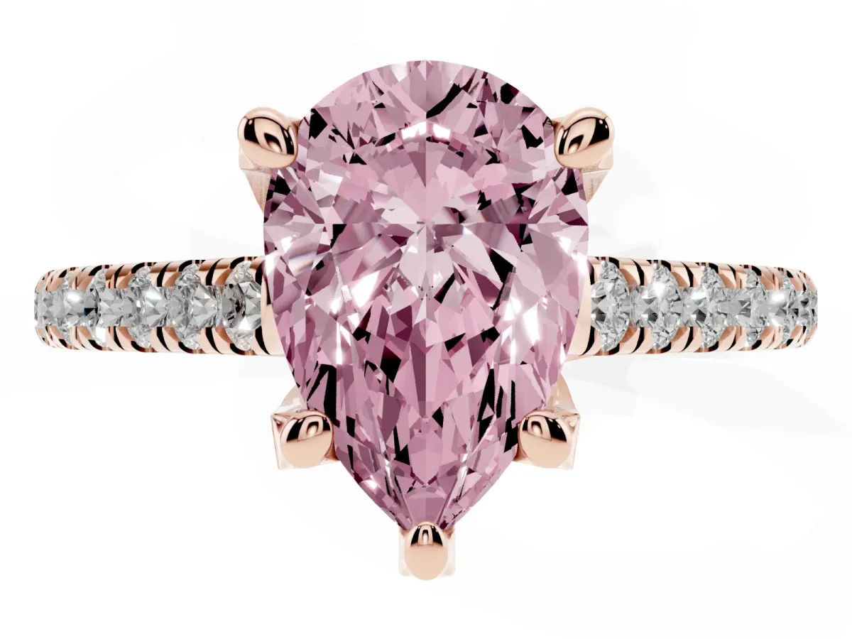 Fancy Pink Pear Cut Brilliant Diamond Solitaire with Pavé Band and Four-Prong Setting Rose gold