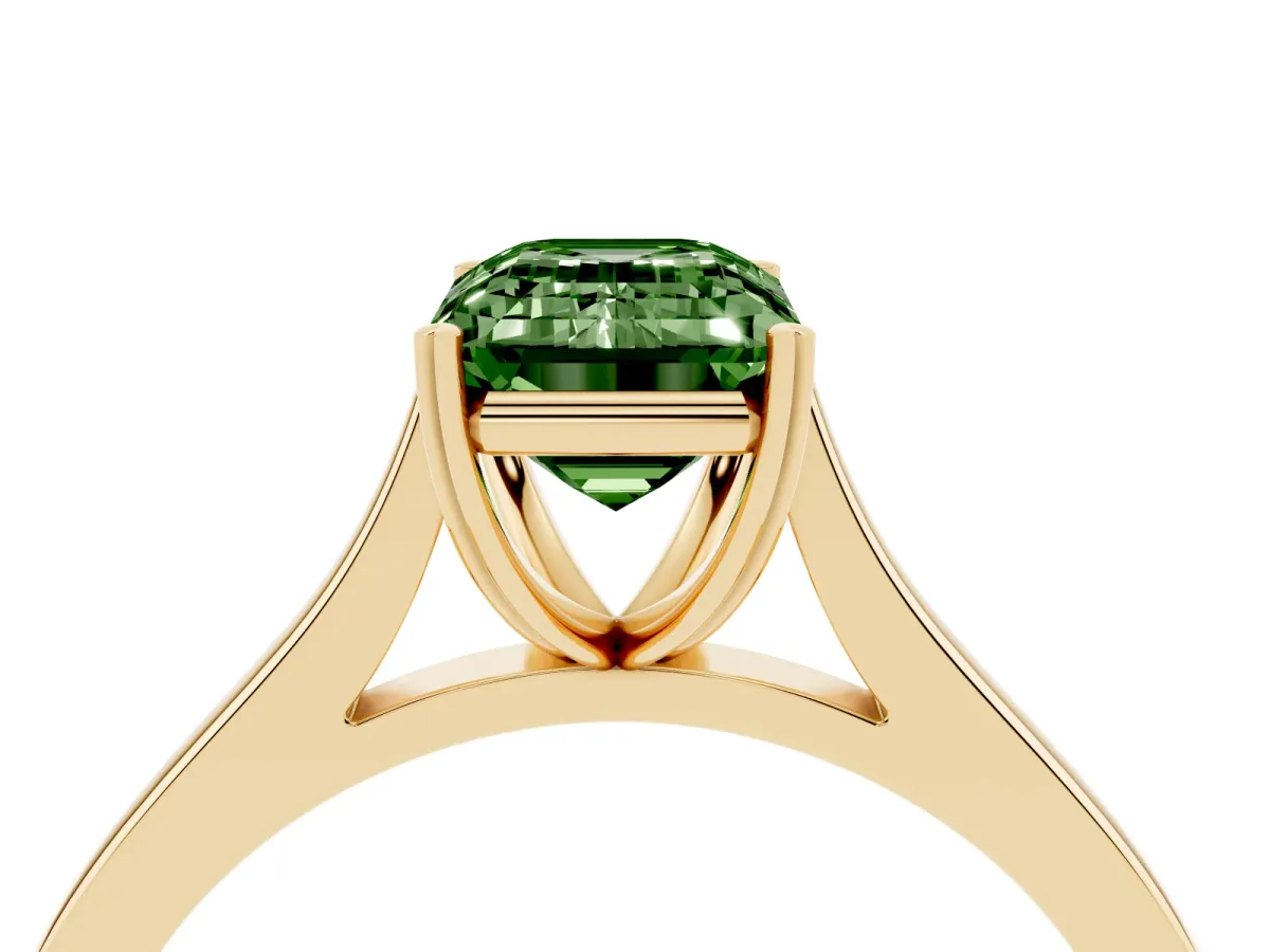 Fancy Green Emerald Cut Solitaire Heart Prong Engagement Ring with Tapered Band Yellow gold