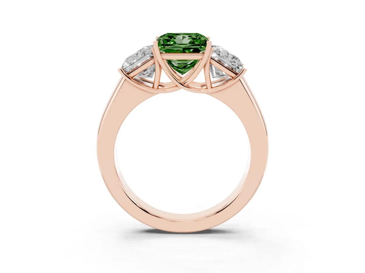 Fancy Green Three-Stone Princess Cut Cut Diamond Ring with Prong Setting and Classic Band Rose gold