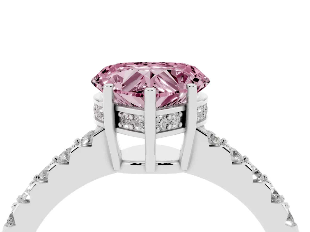 Fancy Pink Heart Cut Solitaire Diamond Engagement Ring with Pavé Band and Six-Prong Setting Platinum
