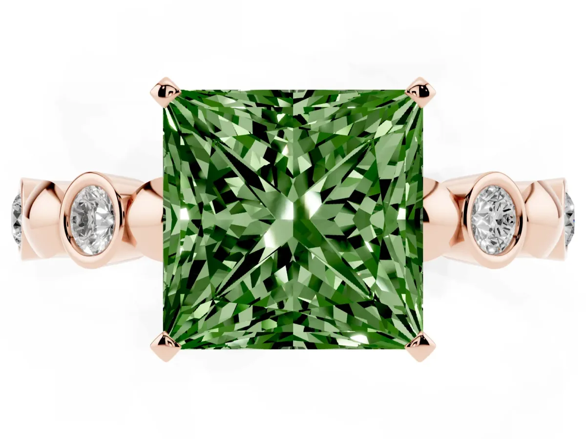 Fancy Green Princess Cut Solitaire Bezel-Set Diamond Ring with Beaded Band and Four-Prong Setting Rose gold