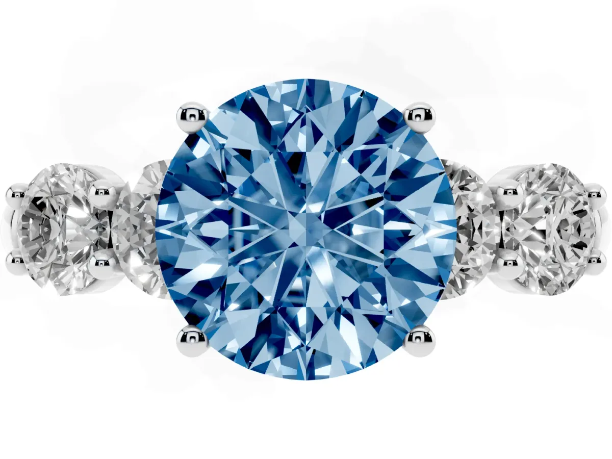 Fancy Blue Round Cut Cut Five-Stone Prong Set Diamond Ring with Classic Band Silver