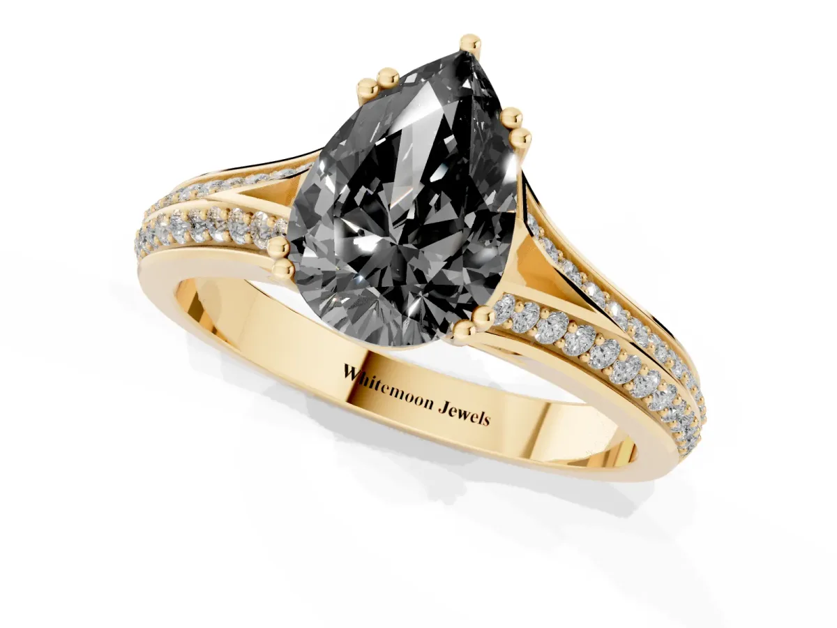 Fancy Black Pear Cut Diamond Split Shank Engagement Ring with Pavé Band Yellow gold
