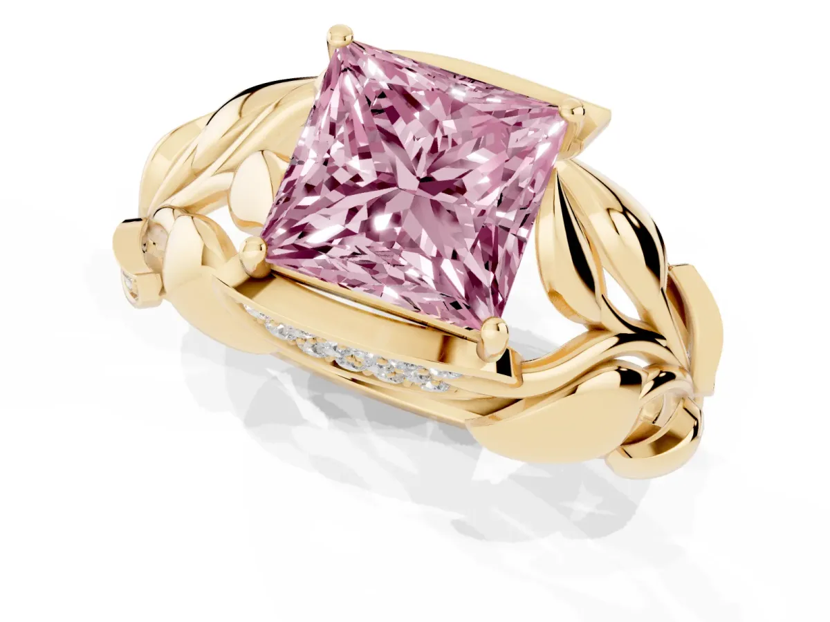 Fancy Pink Princess Cut Diamond Leaf-Inspired Engagement Ring with Round Accents and Prong Setting Yellow gold