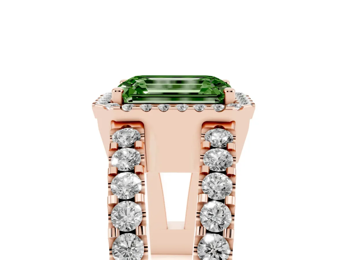 Fancy Green Emerald Cut Cut Halo Split Shank Diamond Ring with Four-Prong Setting Rose gold