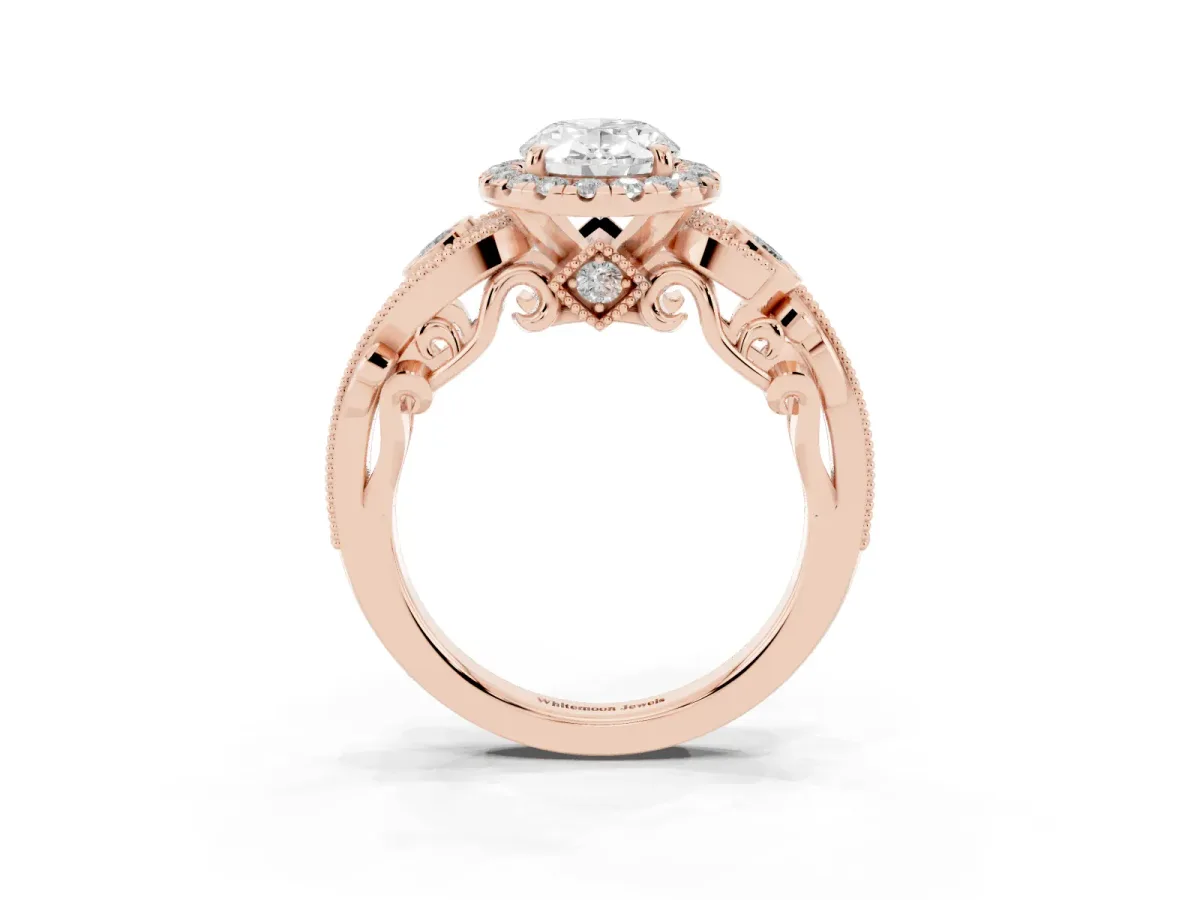 Oval Cut Diamond Halo Ring with Milgrain Pavé Band and Four-Prong Setting Rose gold