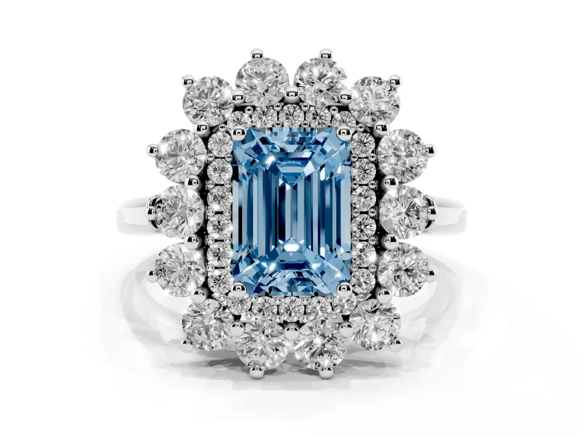 Fancy Blue Emerald Cut Diamond Floral Double Halo Engagement Ring with Prong Setting Silver
