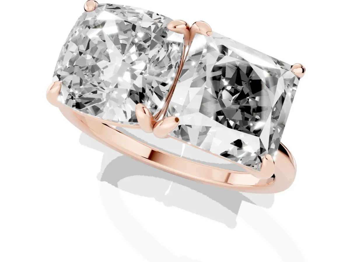 Cushion and Princess Toi Moi Ring with Prong Setting and Plain Band Rose gold