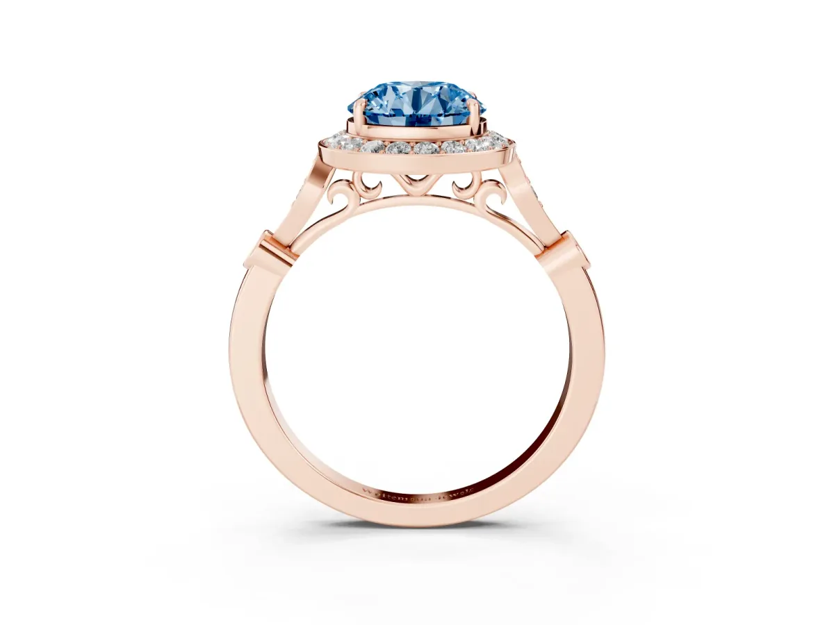 Fancy Blue Round Cut Halo Diamond Engagement Ring with Twisted Band and Four-Prong Setting Rose gold