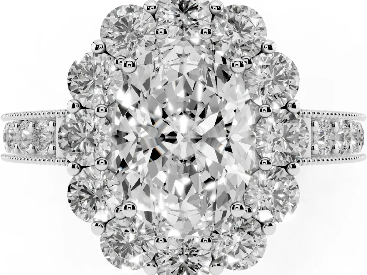 Oval Cut Cut Halo Diamond Pavé Engagement Ring with Milgrain Detailing Silver