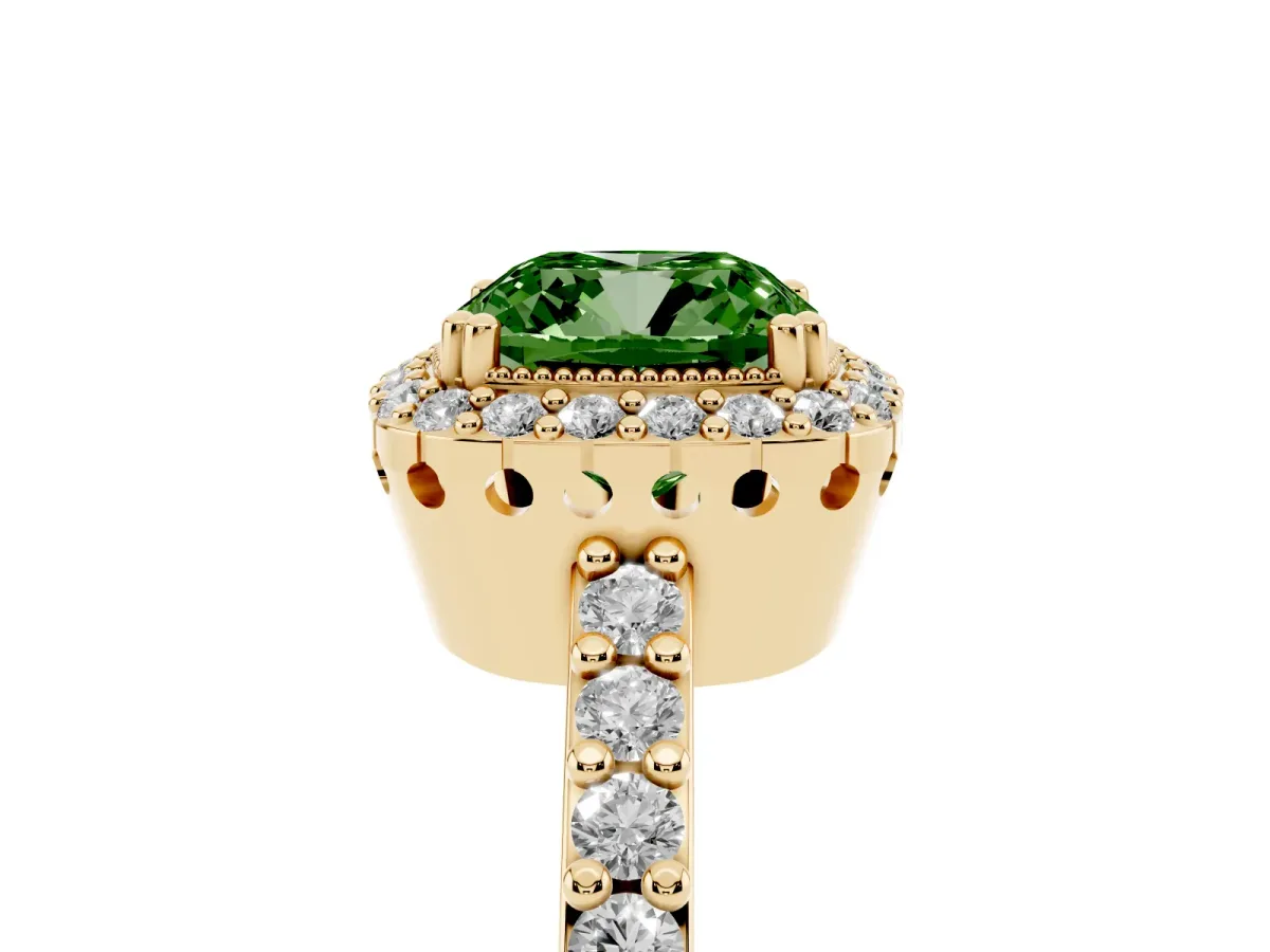 Fancy Green Cushion Cut Cut Diamond Halo Engagement Ring with Milgrain Detail and Pavé Band Yellow gold
