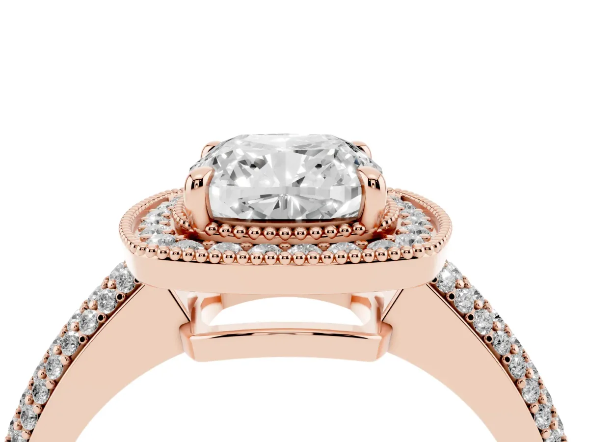 Cushion Cut Cut Halo Diamond Pave Band with Four-Prong Setting Rose gold