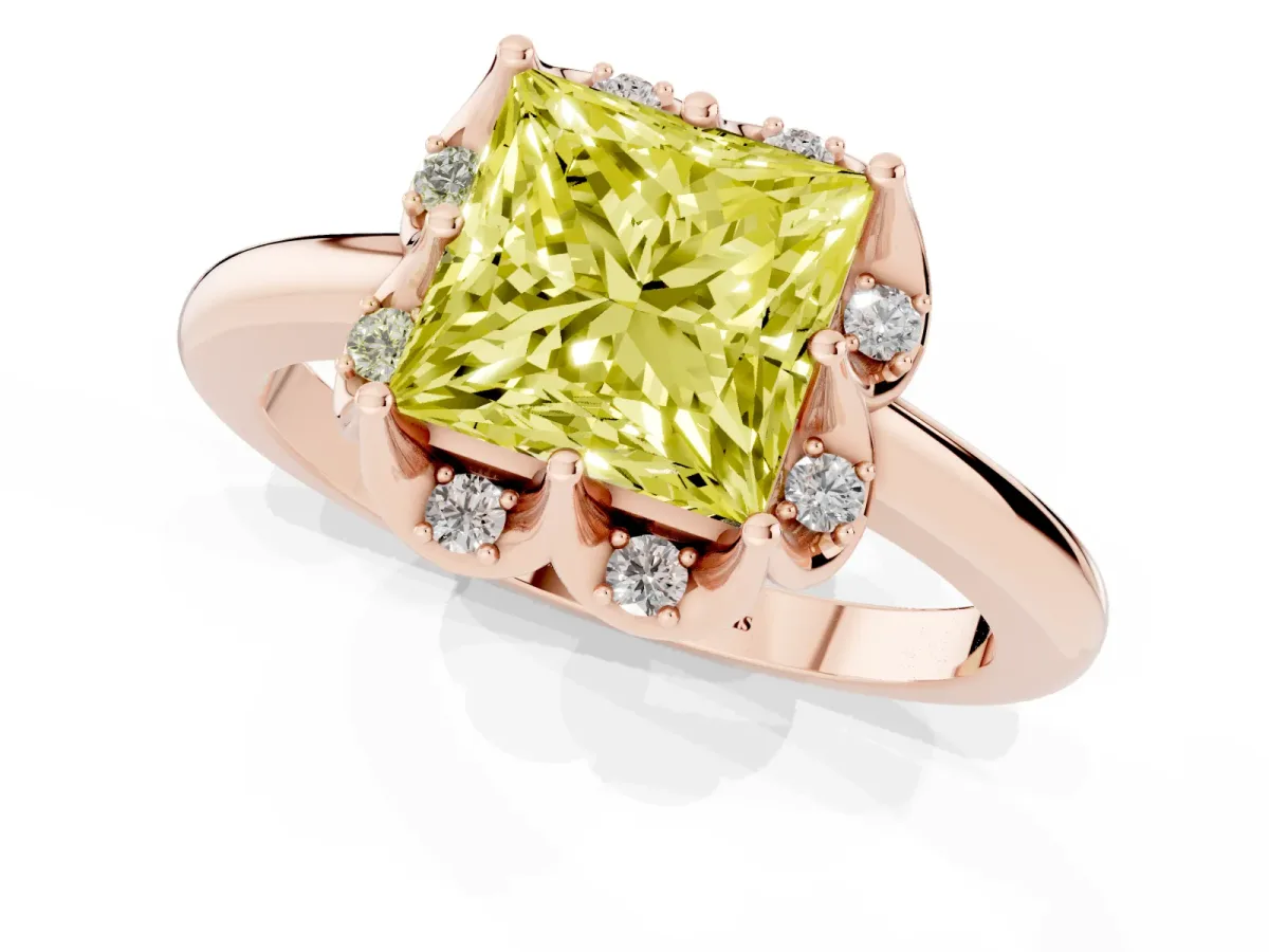 Fancy Yellow Princess Cut Halo Diamond Ring with Round Cluster Setting, Solitaire Band, and Four-Prong Setting Rose gold